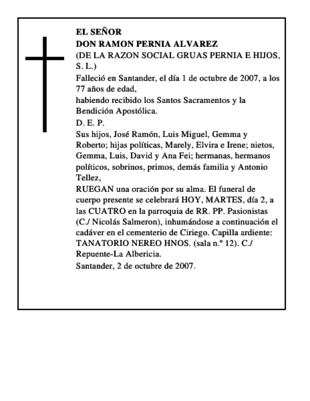 Don Ramon Pernia Alvarez Esquela Necrol Gica El Diario Monta S