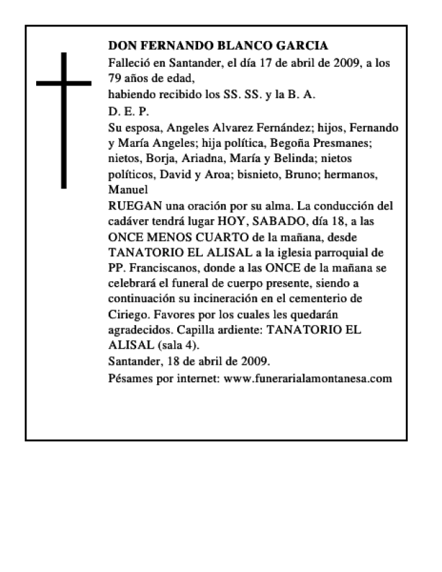 DON FERNANDO BLANCO GARCIA Esquela Necrológica El Diario Montañés