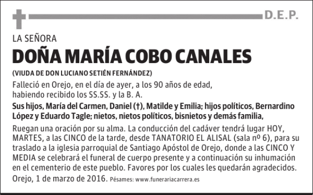 DOÑA MARIA COBO CANALES Esquela Necrológica El Diario Montañés