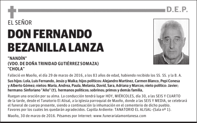 Don Fernando Bezanilla Lanza Esquela Necrológica El Diario Montañés