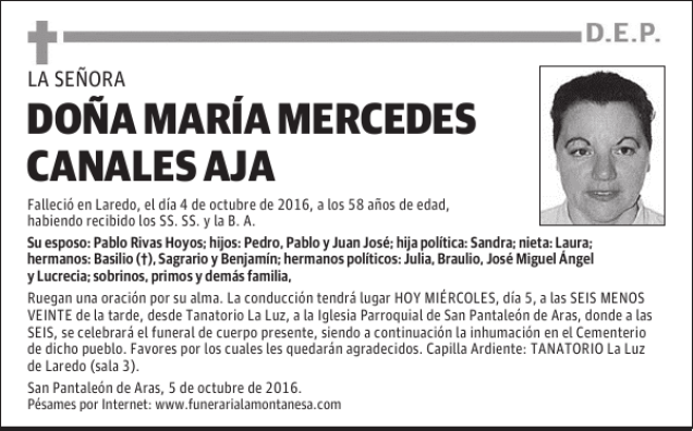 DOÑA MARÍA MERCEDES CANALES AJA Esquela Necrológica El Diario Montañés