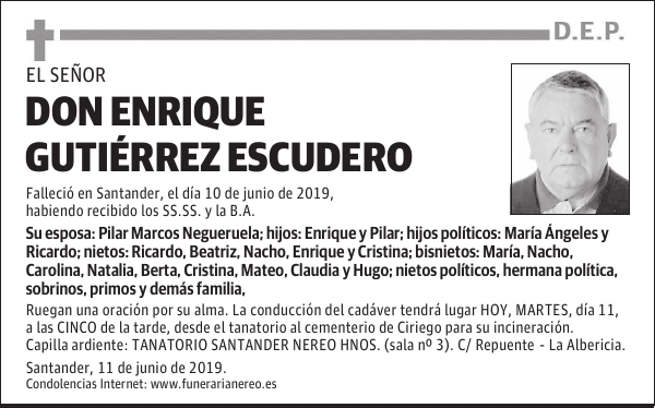 Don Enrique Guti Rrez Escudero Esquela El Diario Monta S