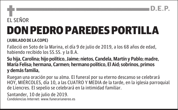 Don Pedro Paredes Portilla Esquela El Diario Monta S