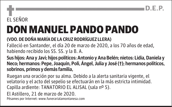 DON MANUEL PANDO PANDO Esquela El Diario Montañés