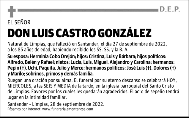 Don Luis Castro Gonz Lez Esquela Necrol Gica El Diario Monta S