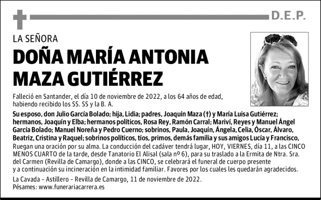 DOÑA MARÍA ANTONIA MAZA GUTIÉRREZ Esquela Necrológica El Diario