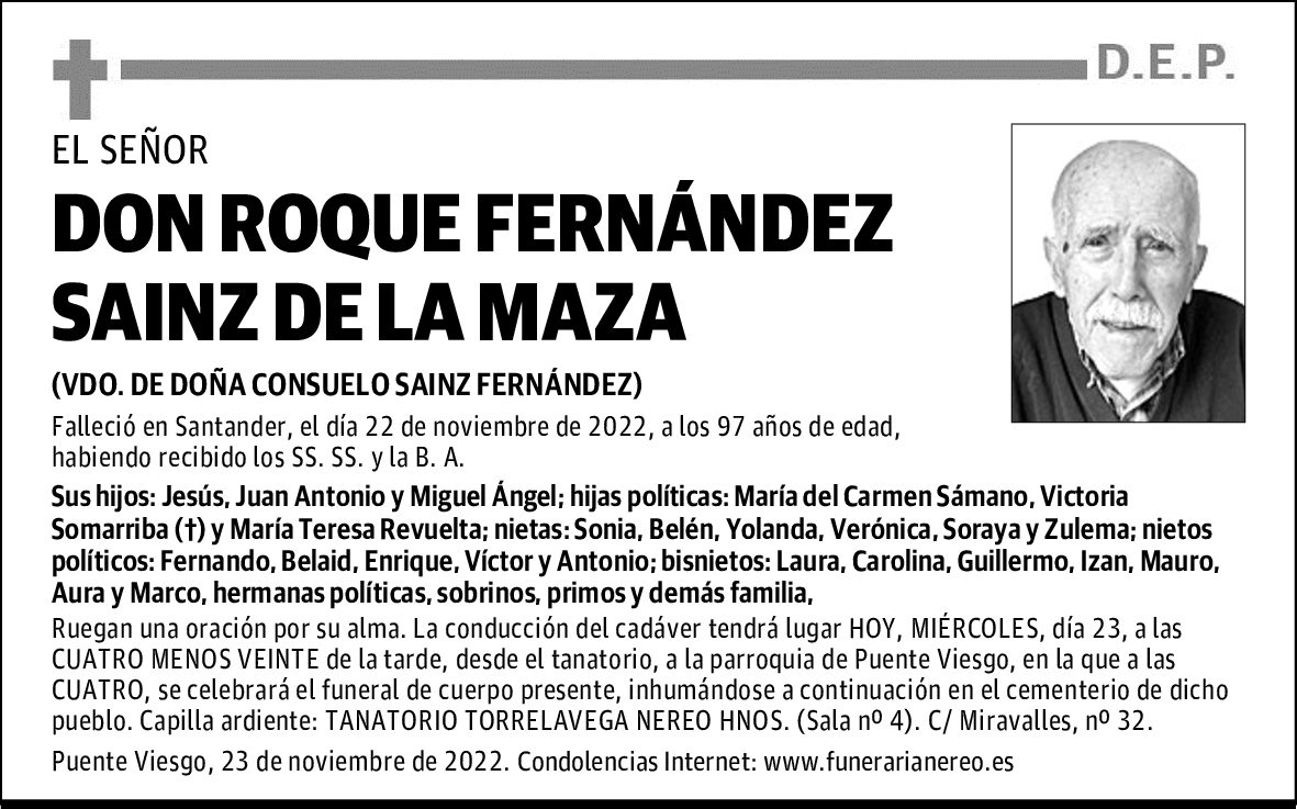 DON ROQUE FERNANDEZ SAINZ DE LA MAZA Esquela El Diario Montañés