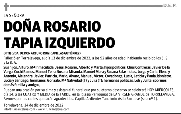 Do A Rosario Tapia Izquierdo Esquela Necrol Gica El Diario Monta S