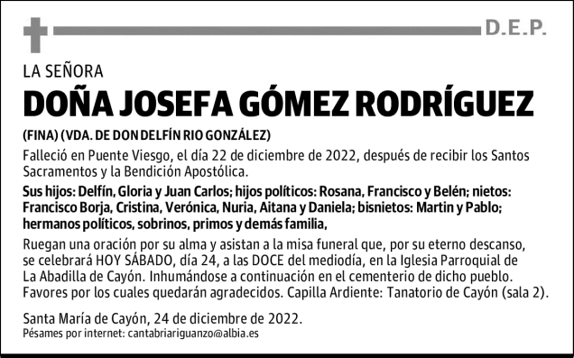 Do A Josefa G Mez Rodr Guez Esquela Necrol Gica El Diario Monta S