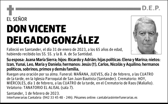 DON VICENTE DELGADO GONZÁLEZ Esquela Necrológica El Diario Montañés