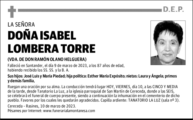 Do A Isabel Lombera Torre Esquela Necrol Gica El Diario Monta S