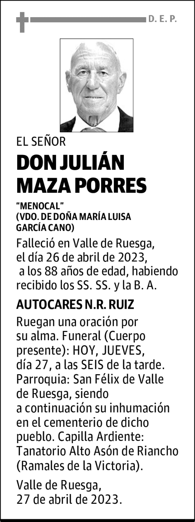 DON JULIÁN MAZA PORRES Esquela Necrológica El Diario Montañés