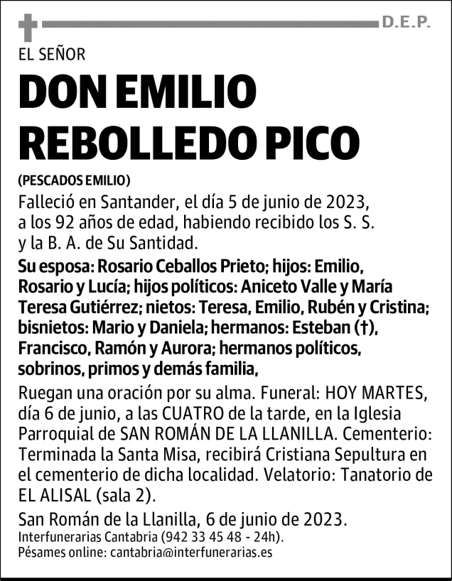 DON EMILIO REBOLLEDO PICO Esquela Necrológica El Diario Montañés