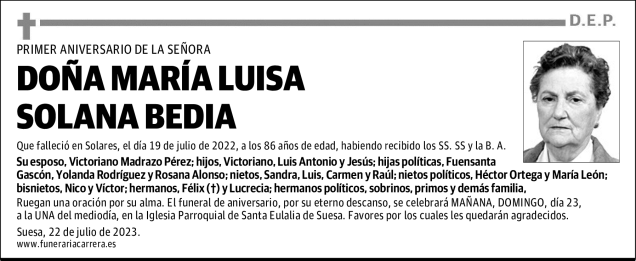 Do A Mar A Luisa Solana Bedia Esquela Necrol Gica El Diario Monta S