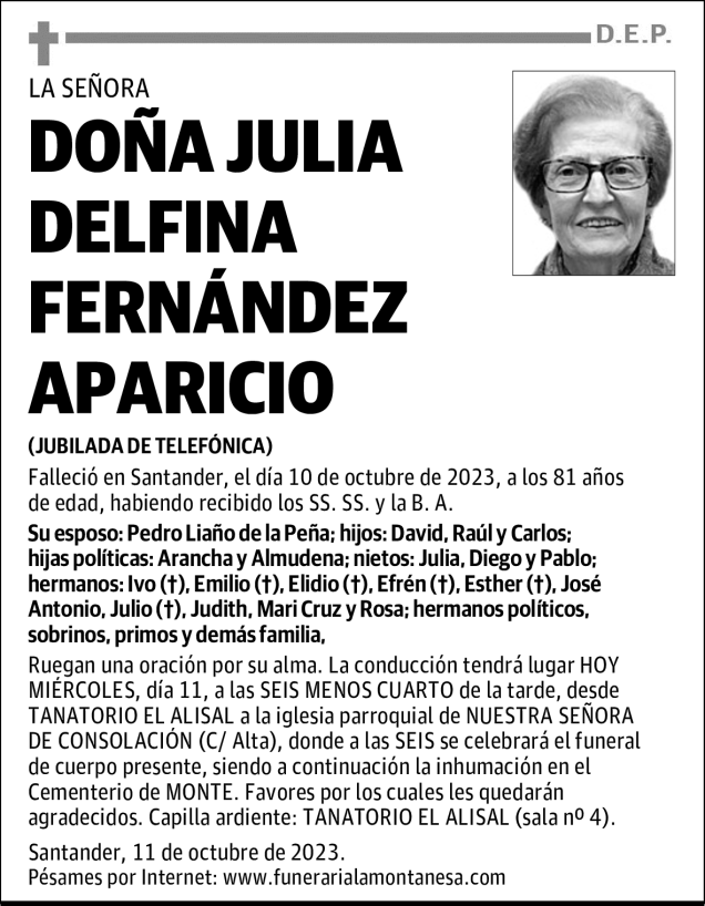 DOÑA JULIA DELFINA FERNÁNDEZ APARICIO Esquela Necrológica El Diario