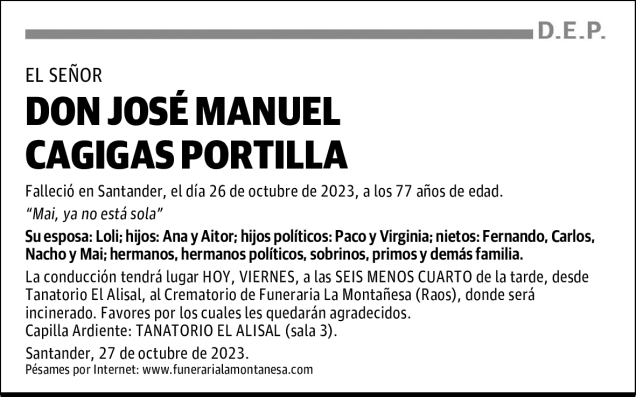 Don Jos Manuel Cagigas Portilla Esquela Necrol Gica El Diario Monta S