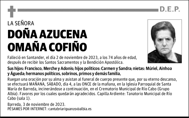 Do A Azucena Oma A Cofi O Esquela Necrol Gica El Diario Monta S