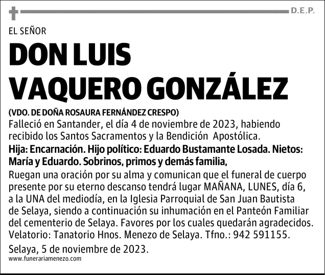 DON LUIS VAQUERO GONZÁLEZ Esquela Necrológica El Diario Montañés