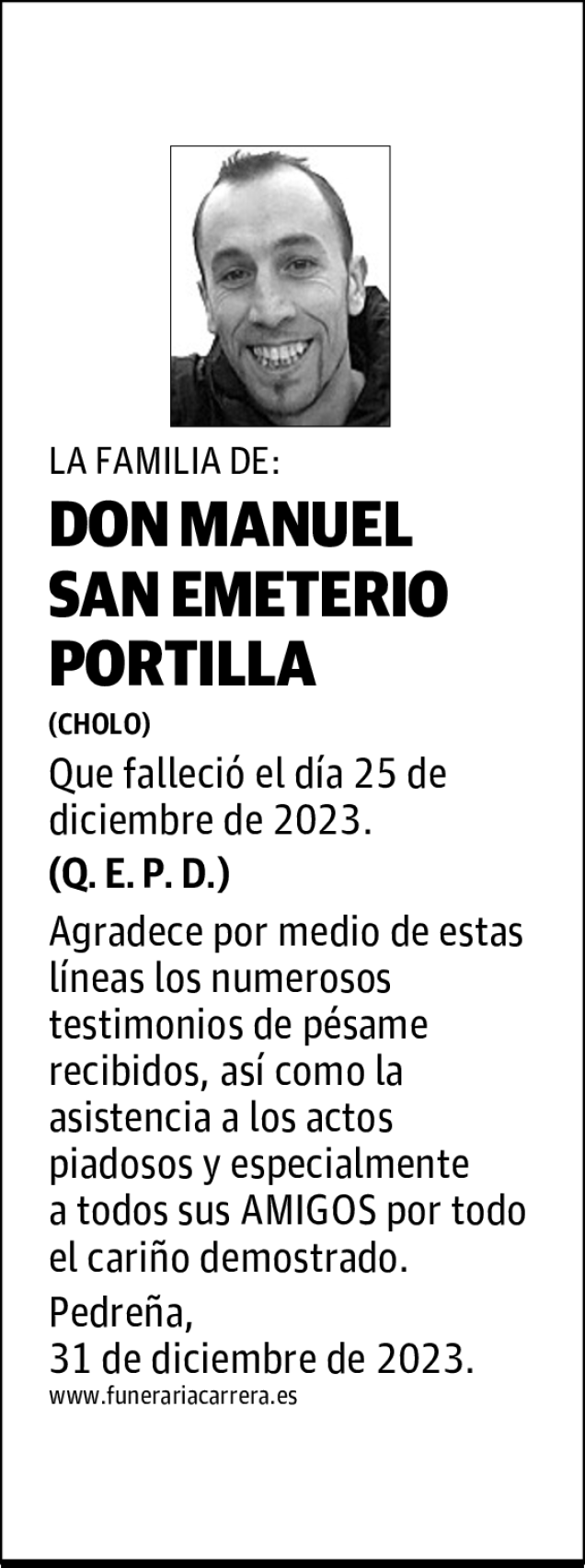 DON MANUEL SAN EMETERIO PORTILLA Esquela De Agradecimiento El