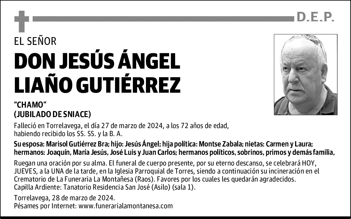 DON JESÚS ÁNGEL LIAÑO GUTIÉRREZ Esquela El Diario Montañés