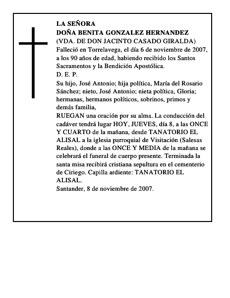 DOÑA BENITA GONZALEZ HERNANDEZ