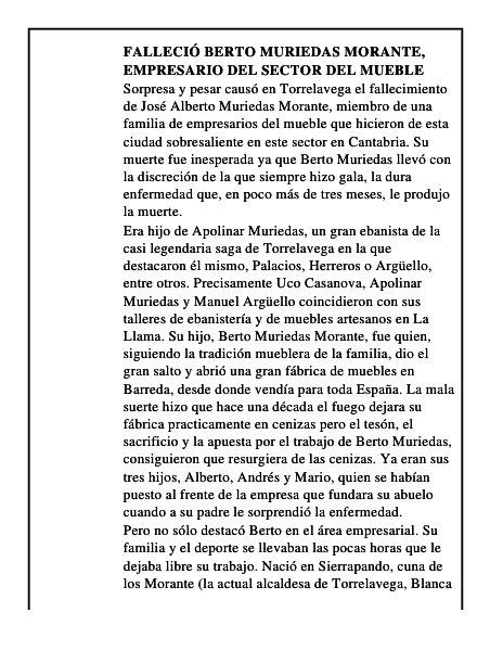 Falleció Berto Muriedas Morante, empresario del sector del mueble