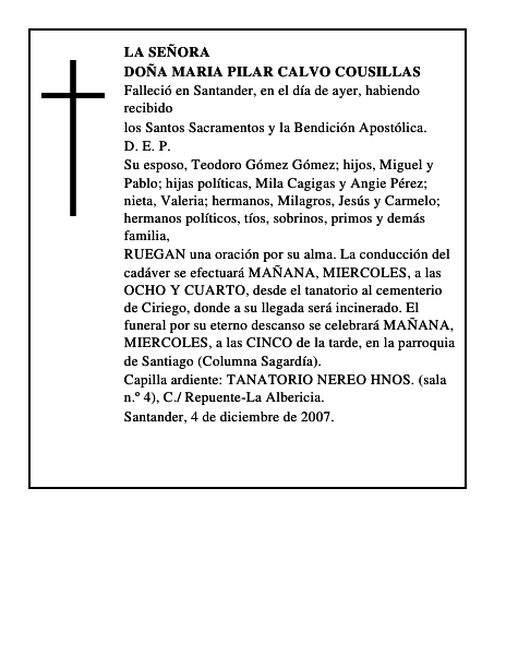DOÑA MARIA PILAR CALVO COUSILLAS