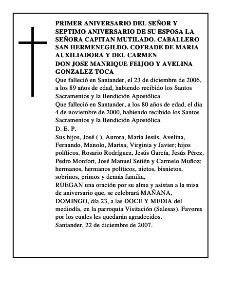 DON JOSE MANRIQUE FEIJOO Y AVELINA GONZALEZ TOCA