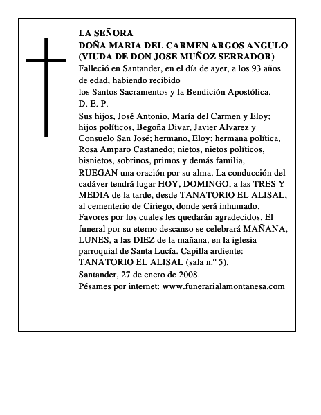 DOÑA MARIA DEL CARMEN ARGOS ANGULO (VIUDA DE DON JOSE MUÑOZ SERRADOR)