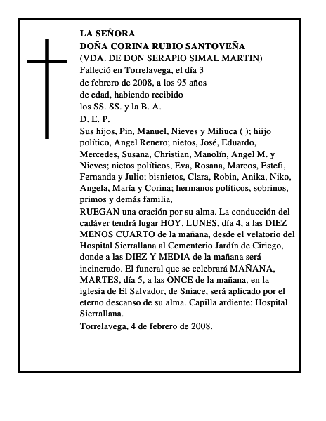 DOÑA CORINA RUBIO SANTOVEÑA