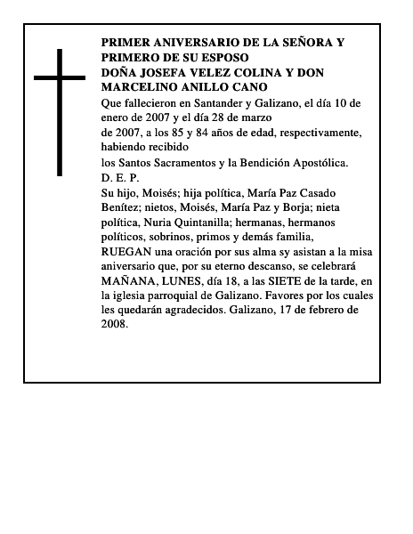 DOÑA JOSEFA VELEZ COLINA Y DON MARCELINO ANILLO CANO