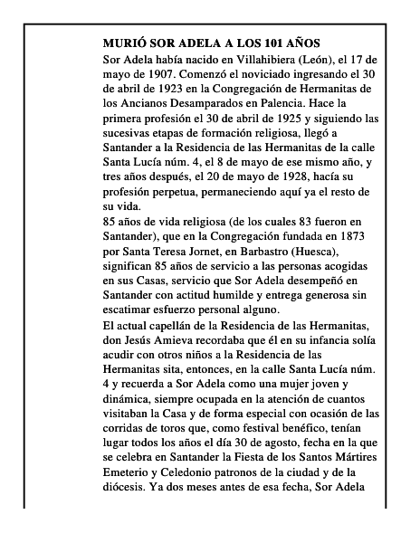 Murió Sor Adela a los 101 años