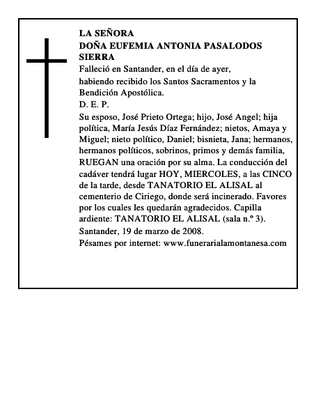 DOÑA EUFEMIA ANTONIA PASALODOS SIERRA