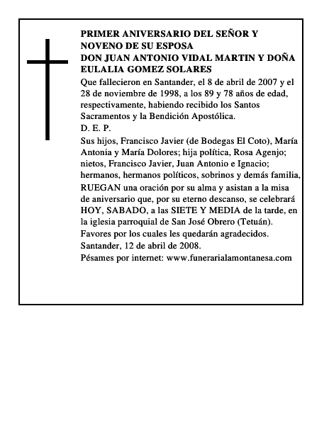 DON JUAN ANTONIO VIDAL MARTIN Y DOÑA EULALIA GOMEZ SOLARES