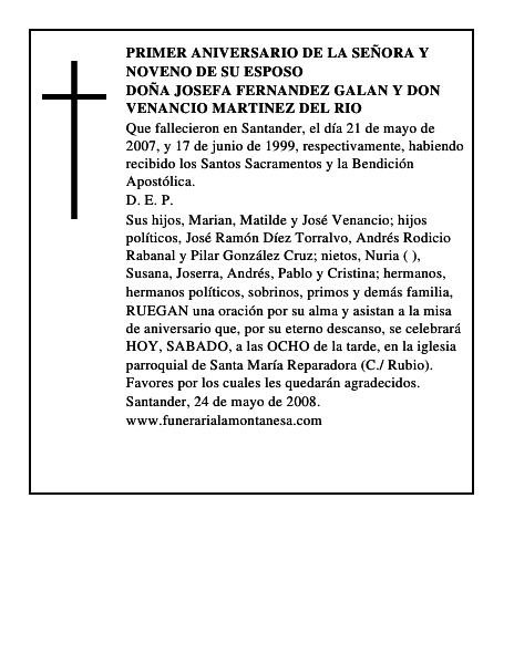 DOÑA JOSEFA FERNANDEZ GALAN y DON VENANCIO MARTINEZ DEL RIO