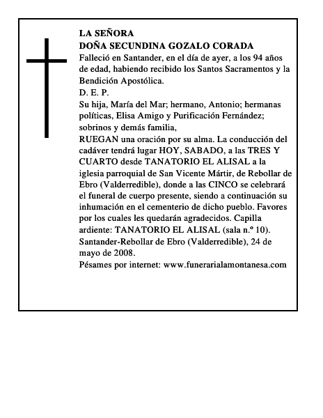 DOÑA SECUNDINA GOZALO CORADA