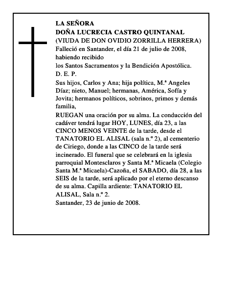 DOÑA LUCRECIA CASTRO QUINTANAL
