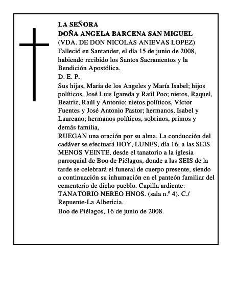DOÑA ANGELA BARCENA SAN MIGUEL