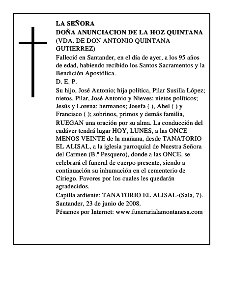 DOÑA ANUNCIACION DE LA HOZ QUINTANA