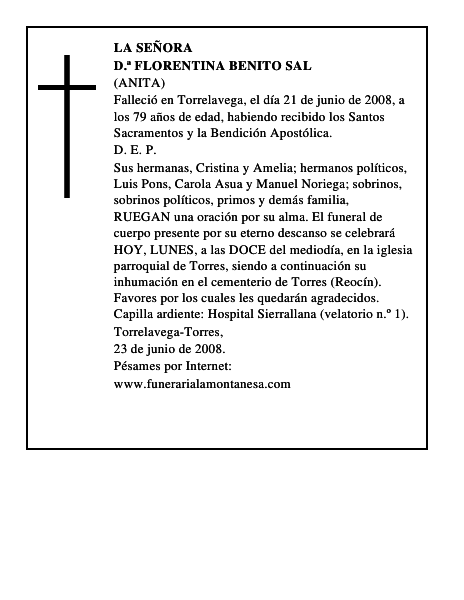 D.ª FLORENTINA BENITO SAL