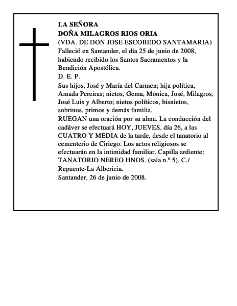 DOÑA MILAGROS RIOS ORIA