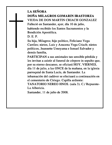 DOÑA MILAGROS GOMARIN IRASTORZA