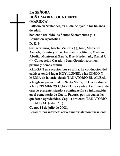 DOÑA MARIA TOCA CUETO