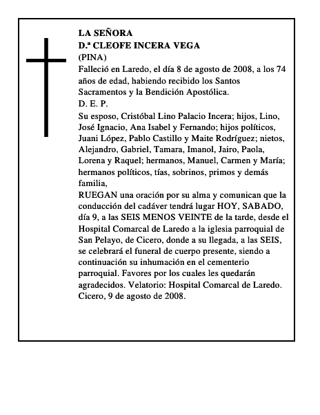 D.ª CLEOFE INCERA VEGA
