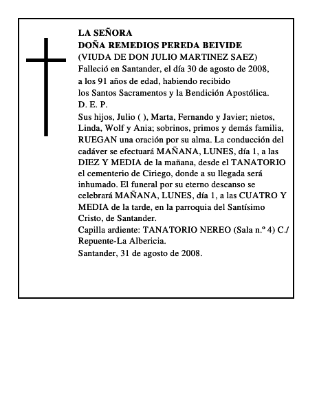 DOÑA REMEDIOS PEREDA BEIVIDE