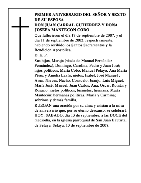 DON JUAN CARRAL GUTIERREZ y DOÑA JOSEFA MANTECON COBO