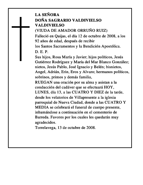 DOÑA SAGRARIO VALDIVIELSO VALDIVIELSO
