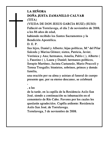 DOÑA JUSTA ZAMANILLO CALVAR
