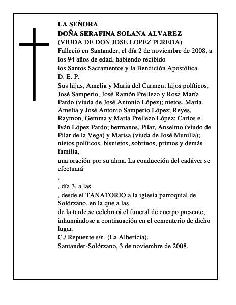 DOÑA SERAFINA SOLANA ALVAREZ