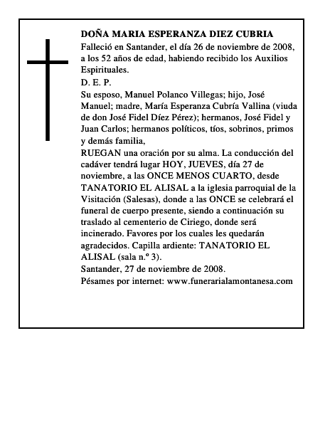 DOÑA MARIA ESPERANZA DIEZ CUBRIA